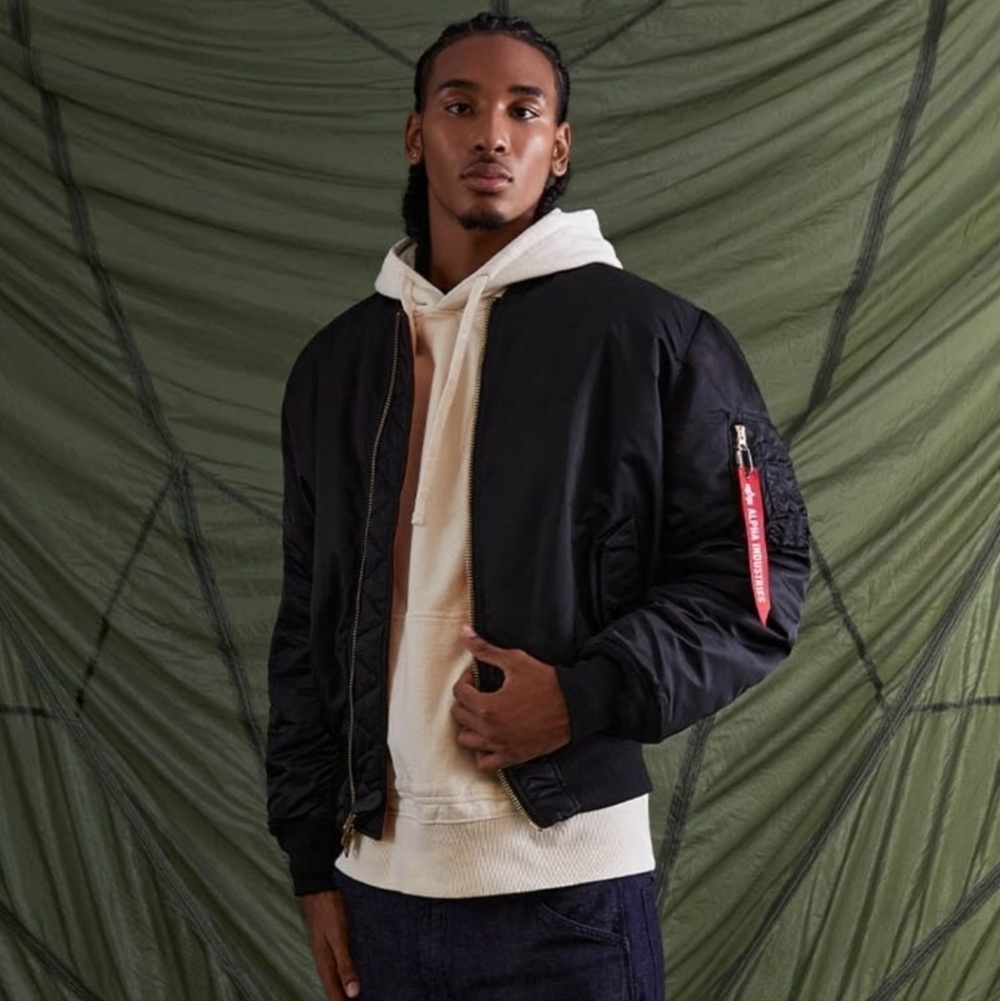 Alpha Industries MA-1 Bomber Flight Jacket Unisex Size Small Black Retro Nylon